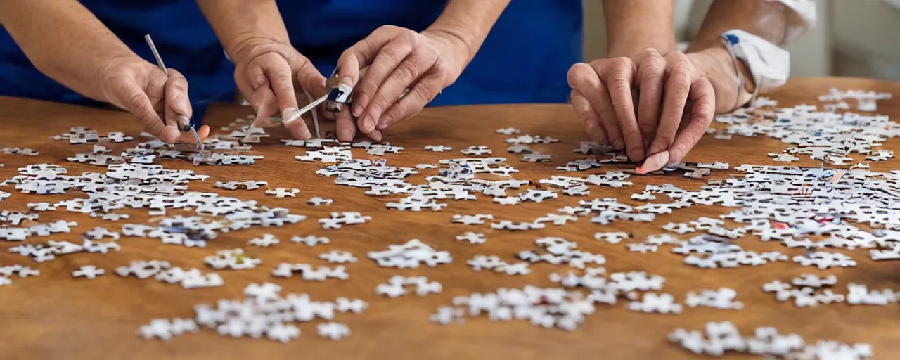 Image similar to a surgeon with realistic hands using a scalpel on a jigsaw puzzle on a table