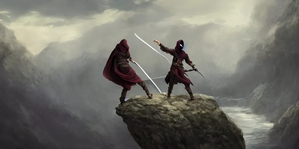 Prompt: a beautiful cinematic image of a hooded boy wielding a sword on a beautiful cliff side below a river, cinematic, 4k, realistic, anime artwork, rtx, hyperrealistic, unreal