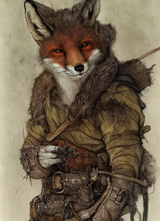 Image similar to portrait of a fox - faced ranger, human features, dnd, gwelf, highly detailed, perfect lighting, watercolor and ink illustration, muted colors. perfect composition, 4 k, by brian froud, larry macdougall, jean - baptiste monge, arthur rackham