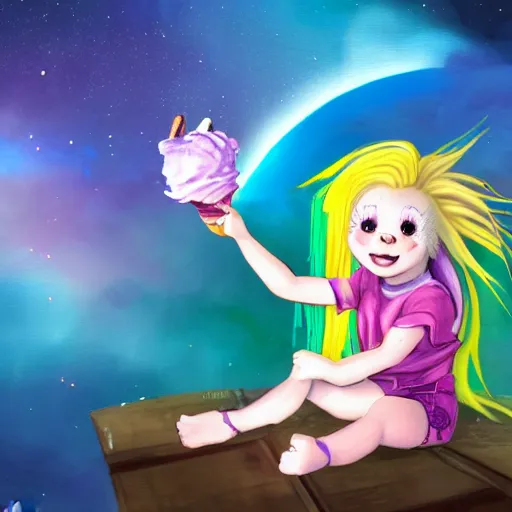 Image similar to An epic fantasy comic book style portrait painting of an adorable little albino girl with blonde dreads eating ice cream, smiling, sitting on top of a rainbow, high quality, stars, rainbow, care bear land with my little pony vibes, atmospheric fantasy setting, unreal 5, DAZ, hyperrealistic, octane render, RPG portrait, ambient light, dynamic lighting