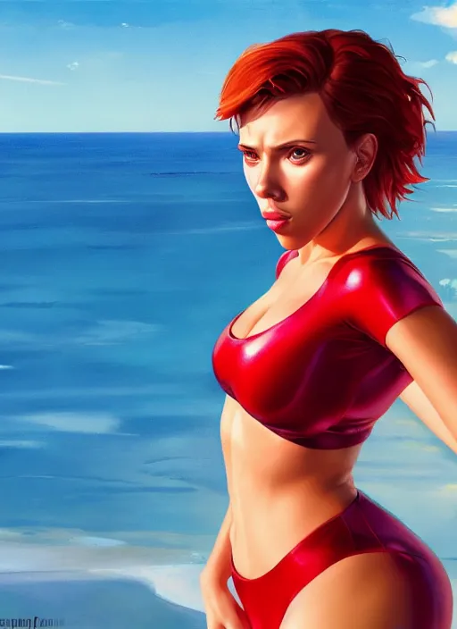 Image similar to 4k 8k photorealistic torso headshot portrait of Scarlett Johansson in tight fit contact red swimsuit reflective; @@Evangelion@@ anime. Beach vacation scene. by James Jean, Zac Retz, pixiv