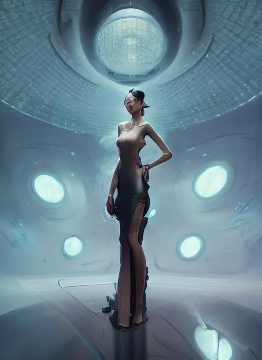 Prompt: beautiful Japanese female teen in sumptuous futuristic slim dress, scifi spacetation, unrealistic, unreal engine, by Peter mohrbacher and Boris Vallejo