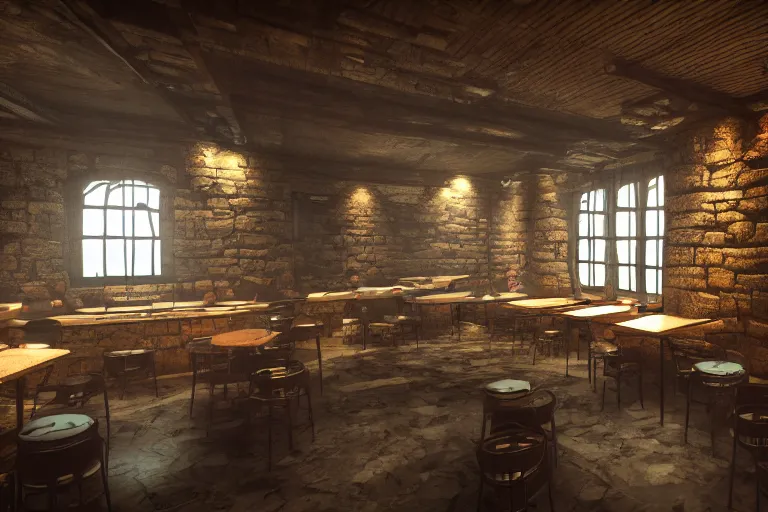 Image similar to ultra mega super hyper realistic Digital concept interior design of cyberpunk tavern with stone walls and neon lights. Natural white sunlight from the transperient roof. Rendered in VRAY and DaVinci Resolve and MAXWELL and LUMION 3D, Volumetric natural light