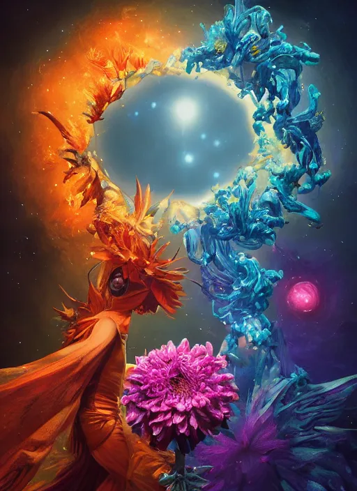 Image similar to An epic fantastic realism comic book style painting of the most beautiful entwined flowers launched across the dark galactic night sky, nebulous bouquets, fisheye lens, unreal 5, DAZ, hyperrealistic, octane render, dynamic lighting