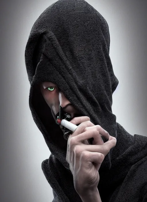 Image similar to an anthropomorphic beautiful male scientist portrait smoking vape wearing black hoodie robe, fine art, award winning, intricate, elegant, sharp focus, octane render, hyperrealistic, wizard hat cinematic lighting, highly detailed, digital painting, 8 k concept art, art by jamie hewlett and z. w. gu, masterpiece, trending on artstation, 8 k