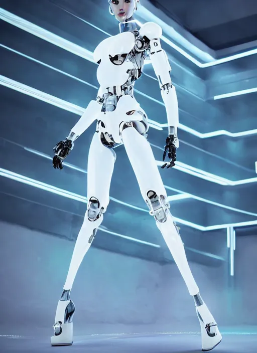 Prompt: photorealistic detailed full body picture of a female cyborg, pretty face with arms and legs, glamour pose, neon lights, white suit, humanoid, extreme, uhdr, book called the most influental cyborg in 2 0 5 0, fine details, highly detailed, intricate, smooth sharp focus