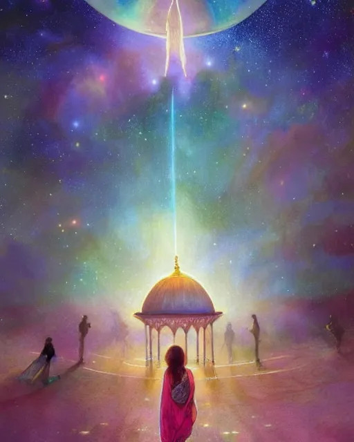 Image similar to bedouin child praying in galaxy walking towards mosque surrounded by nebula, highly detailed, gold filigree, romantic storybook fantasy, soft cinematic lighting, award, disney concept art watercolor illustration by mandy jurgens and alphonse mucha and alena aenami, pastel color palette, featured on artstation