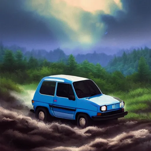 Image similar to blue fiat panda riding in mountains, dramatic light, clouds, artstation, hyper realistic, simon stalenhag