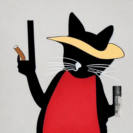 Image similar to cat with red eyes and a hat while holding a gun and smoking a cigar