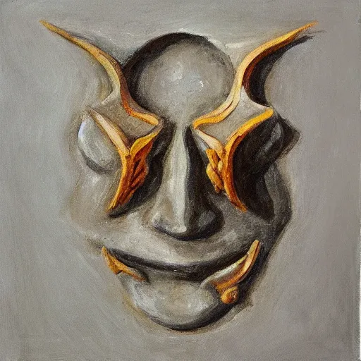 Image similar to polished rectangular round edged stone with demon wings and a barely visible demon face, oil painting, detailed