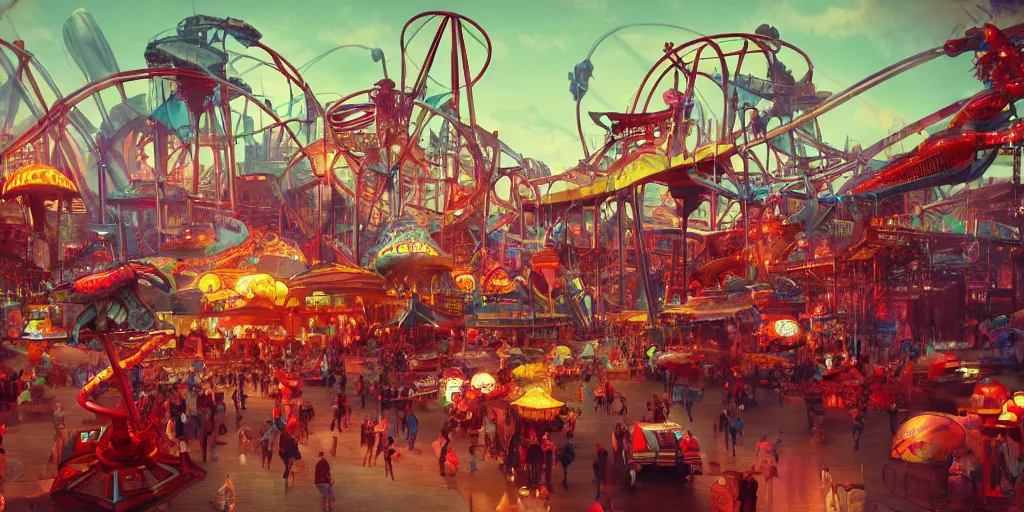 Prompt: concept art, massive retro - futurist steampunk theme park, octane render, artstation, androids, big top, towering rollercoaster, carnival robots, dramatic neon lighting, glowing circus motifs, red turquoise accents, bladerunner, by gerald brom, james jean, syd mead, akihiko yoshida, cinematic