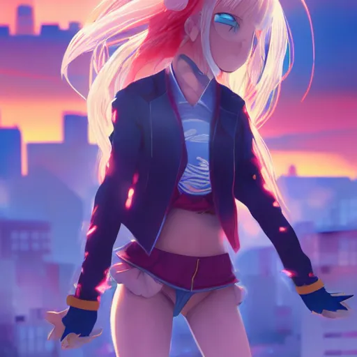 Image similar to Splash art Anime loli, blond hair with pigtails, blue coat and black shorts, she flies by using blue neon powers through the city. Cinematic sunset, faint orange light. Amazing piece Trending on Artstation