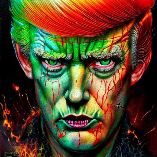 Image similar to a demon slayer portrait of donald trump, tall, pale - skinned, and slender with lime green eyes and long eyelashes by stanley artgerm, tom bagshaw, arthur adams, carne griffiths, trending on deviant art, street art, face enhance, chillwave, maximalist, full of color, glittering