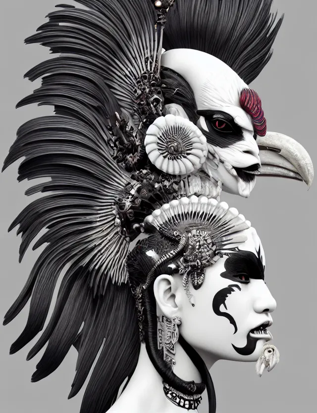 Image similar to 3 d goddess close - up profile portrait punk with mohawk with ram skull. beautiful intricately detailed japanese crow kitsune mask and clasical japanese kimono. betta fish, jellyfish phoenix, bio luminescent, plasma, ice, water, wind, creature, artwork by tooth wu and wlop and beeple and greg rutkowski