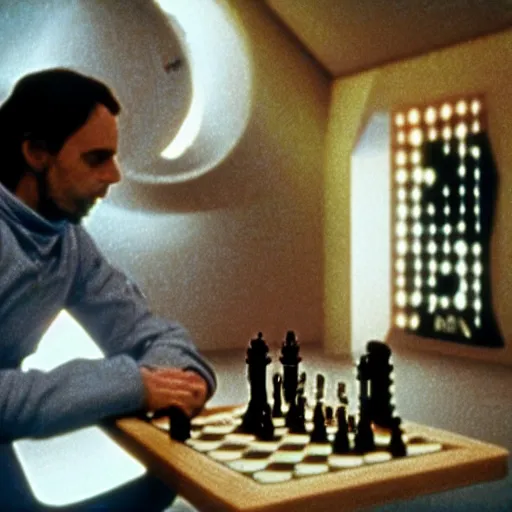 Prompt: Space odyssey astronaut playing chess in the shining by stanley kubrick, shot by 35mm film color photography