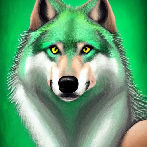 Image similar to Beautiful portrait digital painting of an anthro anthropomorphic green wolf. minimalist background