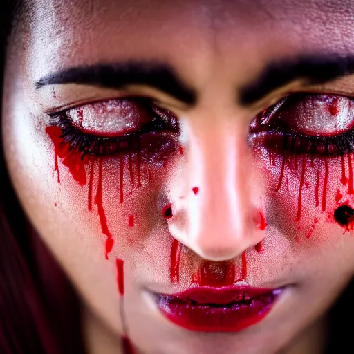 Image similar to close - up of a woman looking up and crying blood, 4 k, photography, highly detailed