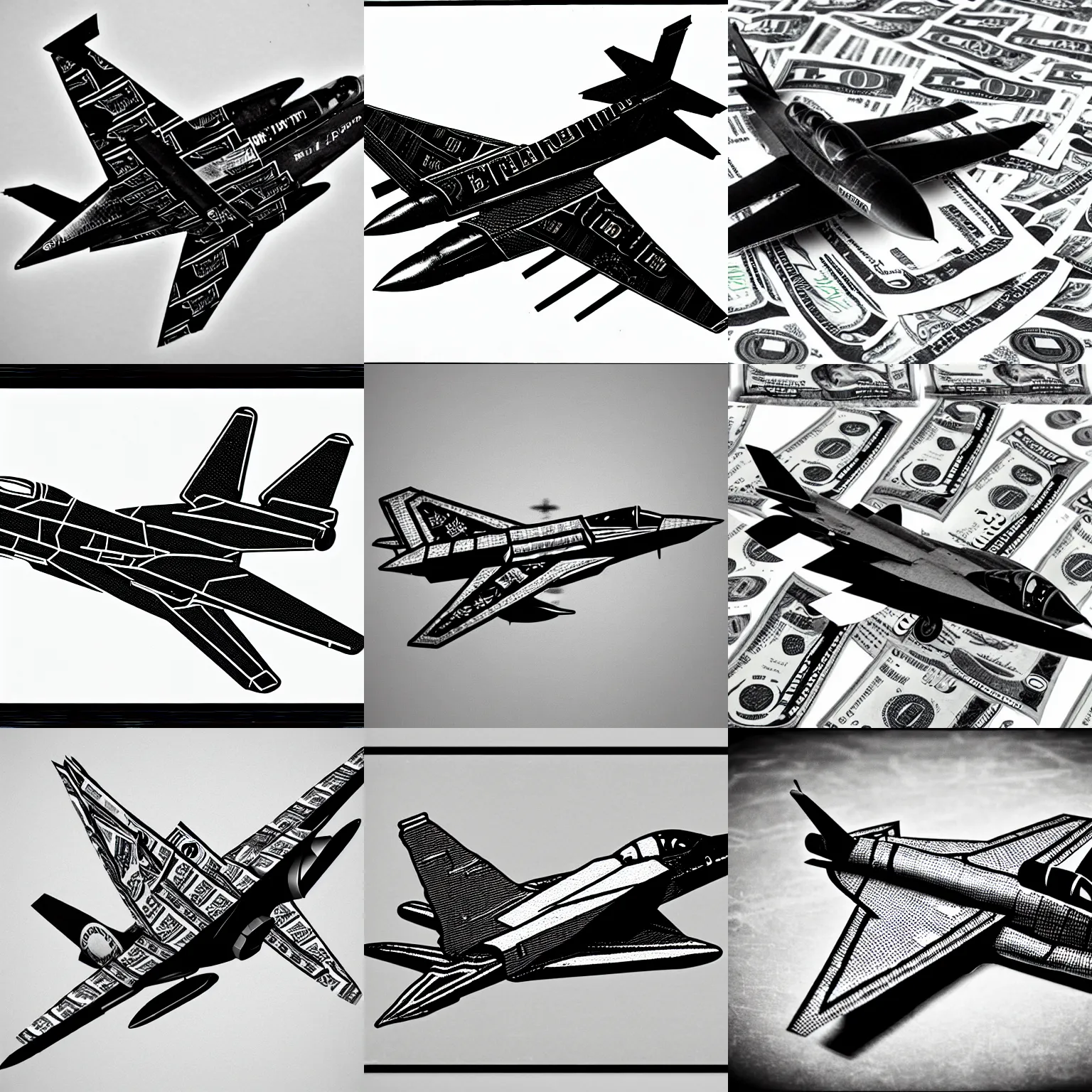 Prompt: jet fighter made of dollar bills, b&w