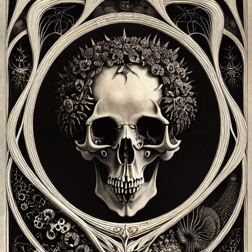 Image similar to art forms of nature by ernst haeckel, memento mori by arthur rackham, ornate antique porcelain beautiful skull mask, ultrasharp, photorealistic, hyperdetailed, octane render, polished, art nouveau, neo - gothic, gothic, intricate ornamental organic filigree, art nouveau botanicals, art forms of nature by ernst haeckel, horizontal symmetry, symbolist, visionary