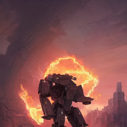 Prompt: portrait of timberwolf battlemech on fire, battle damage, sunset glow around head, full body portrait, intricate, elegant, highly detailed, digital painting, artstation, concept art, smooth, sharp focus, illustration, art by artgerm and greg rutkowski and alphonse mucha, background is a city in ruins