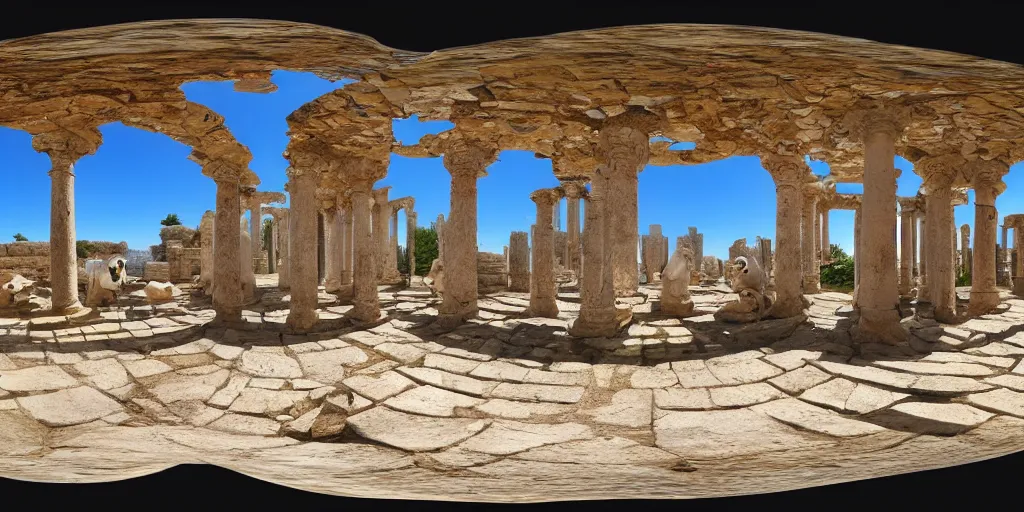 Prompt: Seamless Equirectangular projection of a 360 view inside a byzantine temple with rabbits roaming