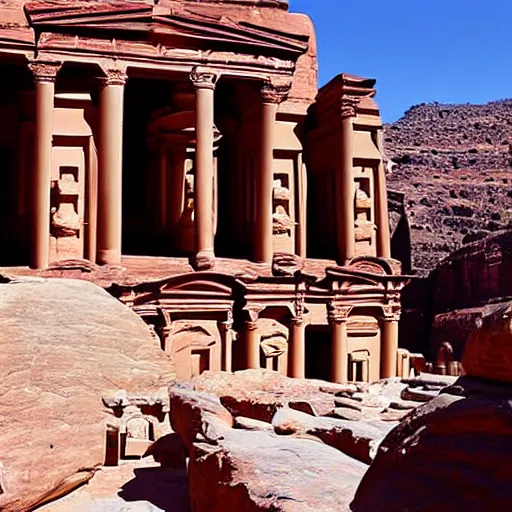 Prompt: the temple of petra with carvings of anime characters