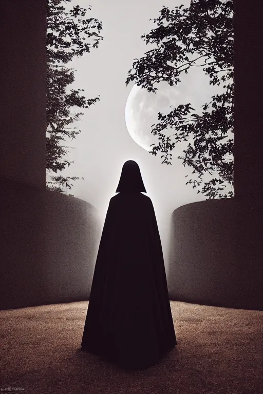 Image similar to a girl wearing long futuristic dark cloak by yohji yamamoto standing in a shadow of the moon light, sense of mystery, muted colors, simple shapes, long shot, full shot, by bill henson, by gregory crewdson, golden ratio, perfect composition, dramatic, fine detail, intricate, octane render, 8 k