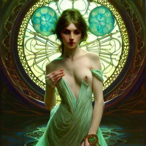 Image similar to pale teal, fantasy, intricate, elegant, dramatic lighting, emotionally evoking symbolic metaphor, highly detailed, lifelike, photorealistic, digital painting, artstation, concept art, smooth, sharp focus, illustration, art by John Collier and Albert Aublet and Krenz Cushart and Artem Demura and Alphonse Mucha