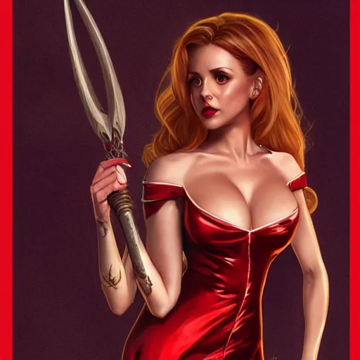 Image similar to buffy the vampire slayer dressed as jessica rabbit holding a large wooden stake, intricate, elegant, highly detailed, digital painting, artstation, concept art, matte, sharp focus, illustration, in the style of magic the gathering, art by artgerm and greg rutkowski and alphonse mucha