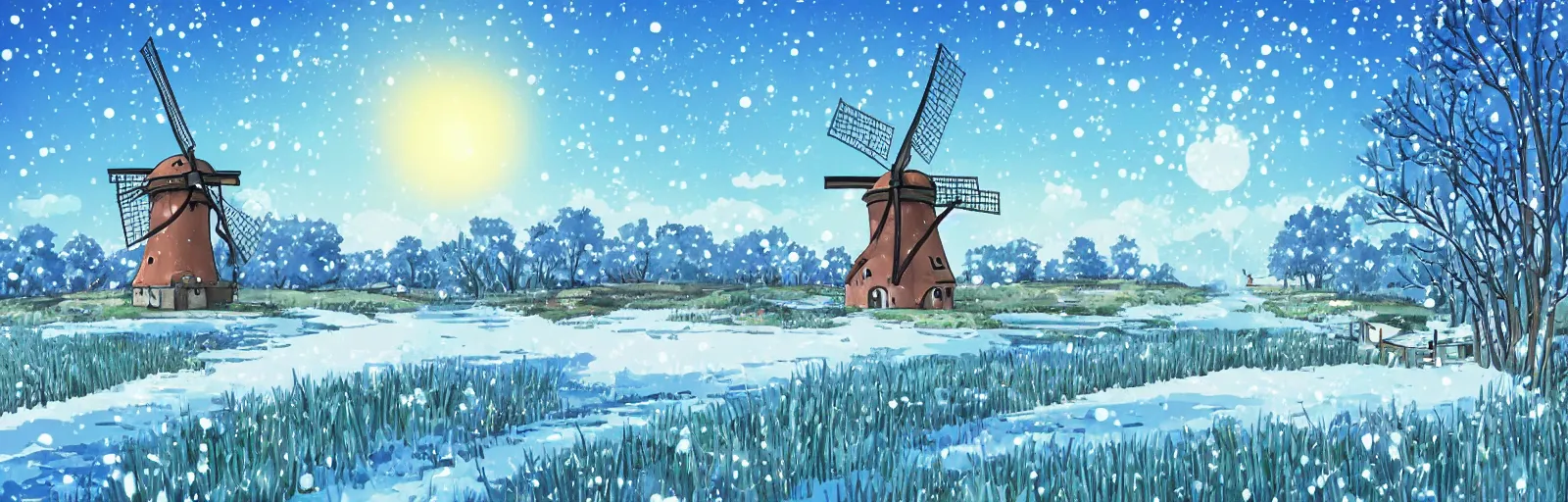 Image similar to beautiful countryside background with a windmill by studio ghibli, cute, winter