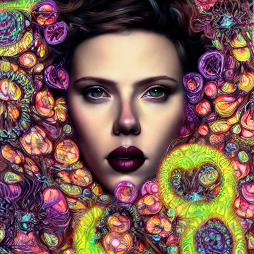 Image similar to portrait of scarlett johansson, hyper detailed masterpiece, neon floral pattern, jean giraud, digital art painting, darkwave goth aesthetic, psychedelic, artgerm, donato giancola and tom bagshaw