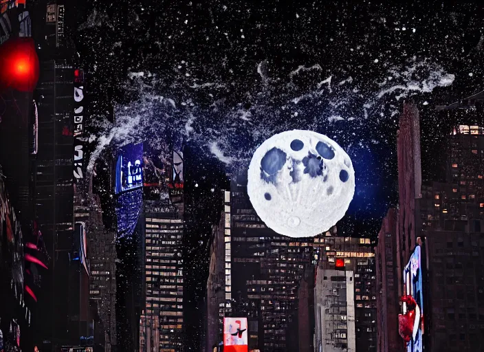 Image similar to film still of the moon shattering into pieces exploding moon over time square in the new disaster, 8 k, night time