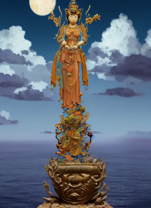 Image similar to guanyin stand on big loutus, a godness of the southern seas, a realistic setting with muted colors, visual novel cover, by yoshitaka amano, zeng fanzhi, jane hamilton, tiffany studios, sunrays shine uponit, frostbite 3 engine, cryengine, dof, trending on artstation, digital art, fantasy detailed background