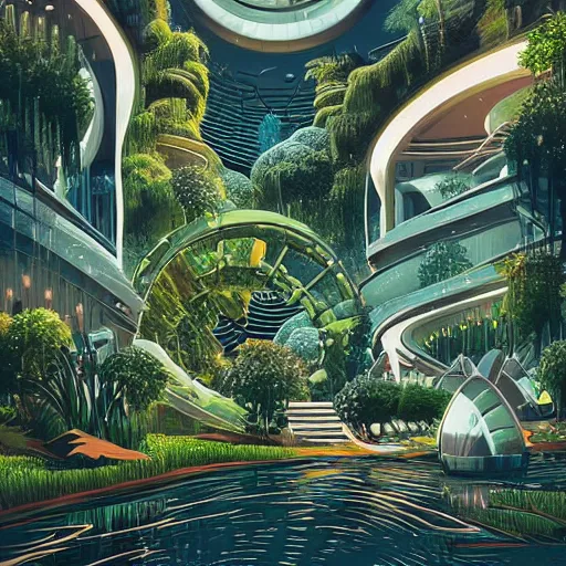 Image similar to beautiful happy picturesque charming organic futuristic sci - fi city in harmony with nature. water and plants. beautiful light. grainy and rough. soft colour scheme. beautiful artistic vector graphic design art print by lurid. ( 2 0 2 2 )