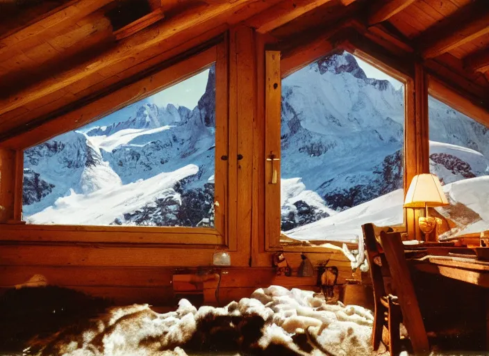 Image similar to a 3 5 mm kodachrome photo of a cozy cabin in the swiss alps in the 1 9 5 0's