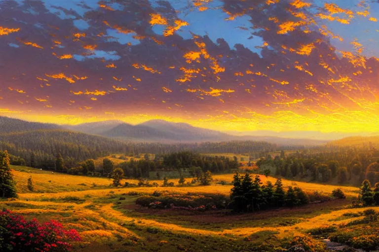 Prompt: sunset over rural oregon, by thomas kinkade