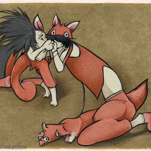 Image similar to a scene of two women with fox ears fighting over a piece of raw meat, detailed anime art