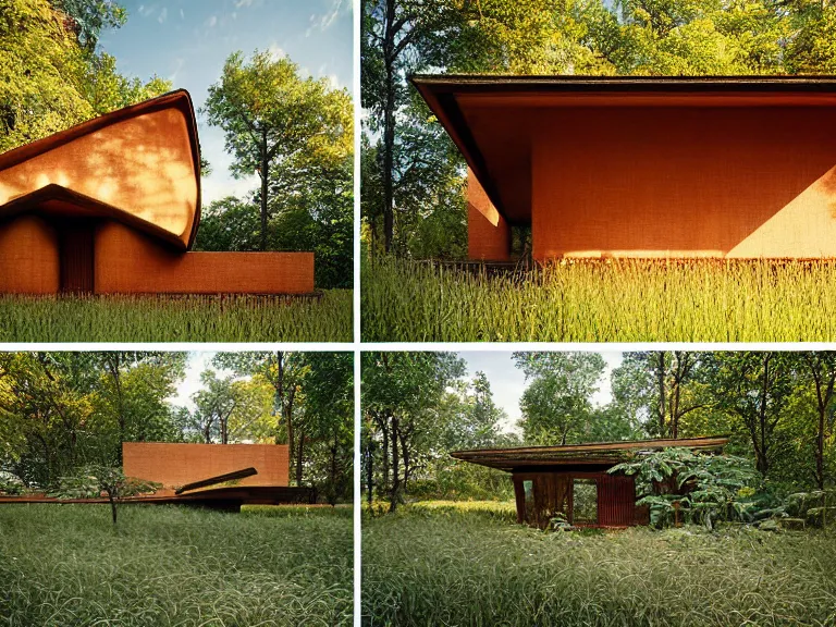 Image similar to hyperrealism design by frank lloyd wright and kenzo tange photography of beautiful detailed small house with many details around the forest in small ukrainian village depicted by taras shevchenko and wes anderson and caravaggio, wheat field behind the house, volumetric natural light