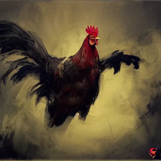 Prompt: rooster from top gun flying like superman, by Jeremy Mann, stylized, detailed, realistic, cool tones