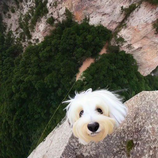 Prompt: a cream-colored havanese base jumping, gopro photo, 4k