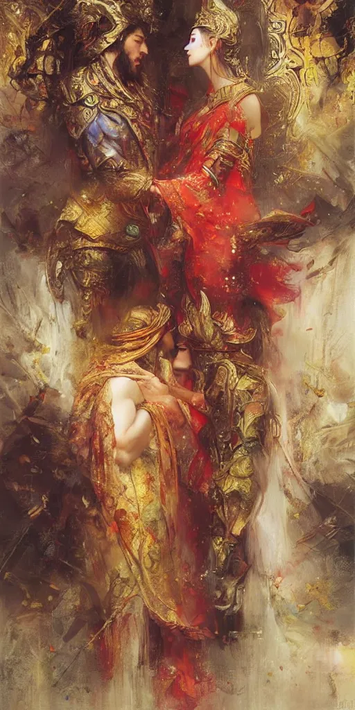 Image similar to greeting card, love, 2 beautiful royal gods, by ruan jia, warm colors, cozy