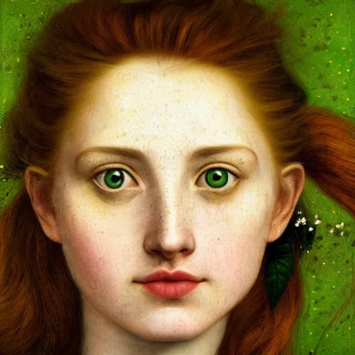 Image similar to portrait of happy a young woman, among the lights of golden fireflies and nature, long loose red hair, intricate details, bright green eyes, freckles on the nose, round gentle face, intricate dress, deep focus, smooth, sharp, golden ratio, hyper realistic digital art by artemisia lomi gentileschi and caravaggio, full body dreamy art