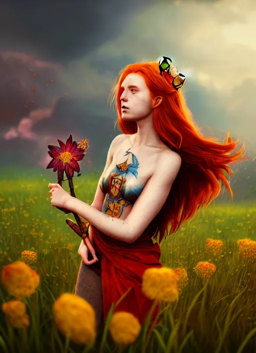 Image similar to An epic fantasy comic book style portrait painting of a young red headed girl with a golden bee tattoo on her shoulder in a field of flowers , unreal 5, DAZ, hyperrealistic, octane render, cosplay, RPG portrait, dynamic lighting