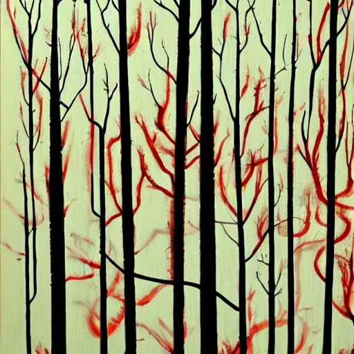 Image similar to a creature of your nightmares in a dark and twisted forest, horrifying, black and red colours, wispy fog, tall and ominous trees, accented paint strokes, detailed