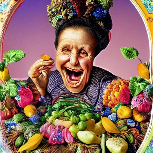 Prompt: hyper realistic hight detailed grandmother with a big mouth eating a baby on the table in the russian kitchen, style by ernst haeckel, bright colors