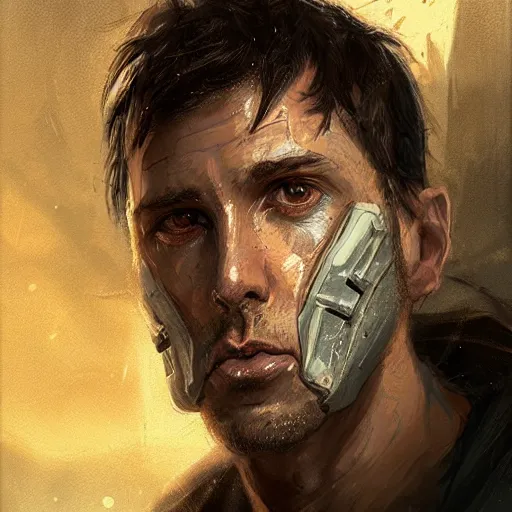 Image similar to Portrait of a man by Greg Rutkowski, he is about 30 years old, Nordic and Hebrew factions, messy brown short hair, strong, tired expression, father figure image, he is wearing a futuristic space gear, highly detailed portrait, scifi, digital painting, artstation, concept art, smooth, sharp foccus ilustration, Artstation HQ.