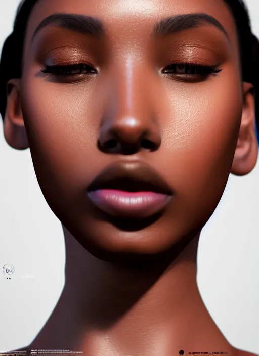 Prompt: beautiful female, attractive facial features, brown skin, haze, model, intricate, symmetrical face, makeup, sephora, maybelline, studio, reflections, cinematic, filmic, vsco, concept art, artstation, elegant, model, gorgeous, vray, flim, octane render, ambient occlusion, prism details