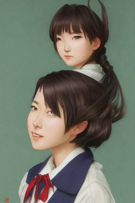 Image similar to realistic character portrait of Minami Hamabe in Japanese school uniform, hair cut in a bob, highly detailed, digital painting, artstation, upper body, concept art, smooth, sharp focus, illustration, art by artgerm and greg rutkowski and alphonse mucha