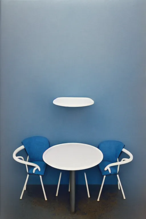 Image similar to a cup of coffee sitting on top of a white table diner booth, high angle, blue booth seats, a hyperrealistic photo by IAN SPRIGGS, flickr, conceptual art, photo taken with ektachrome, photo taken with provia, kodak portrait