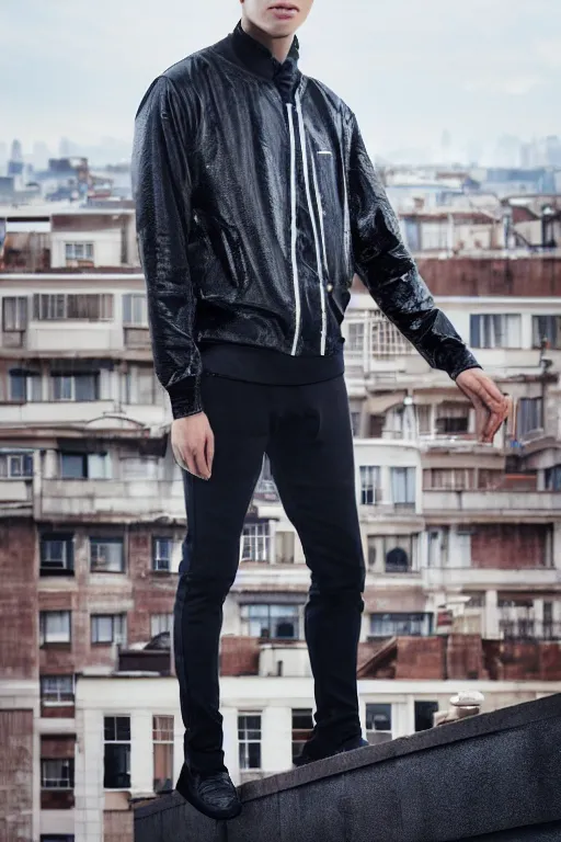 Image similar to un ultra high definition studio quality photographic art portrait of a young man standing on the rooftop of a british apartment building wearing soft padded silver pearlescent clothing. three point light. extremely detailed. golden ratio, ray tracing, volumetric light, shallow depth of field. set dressed.